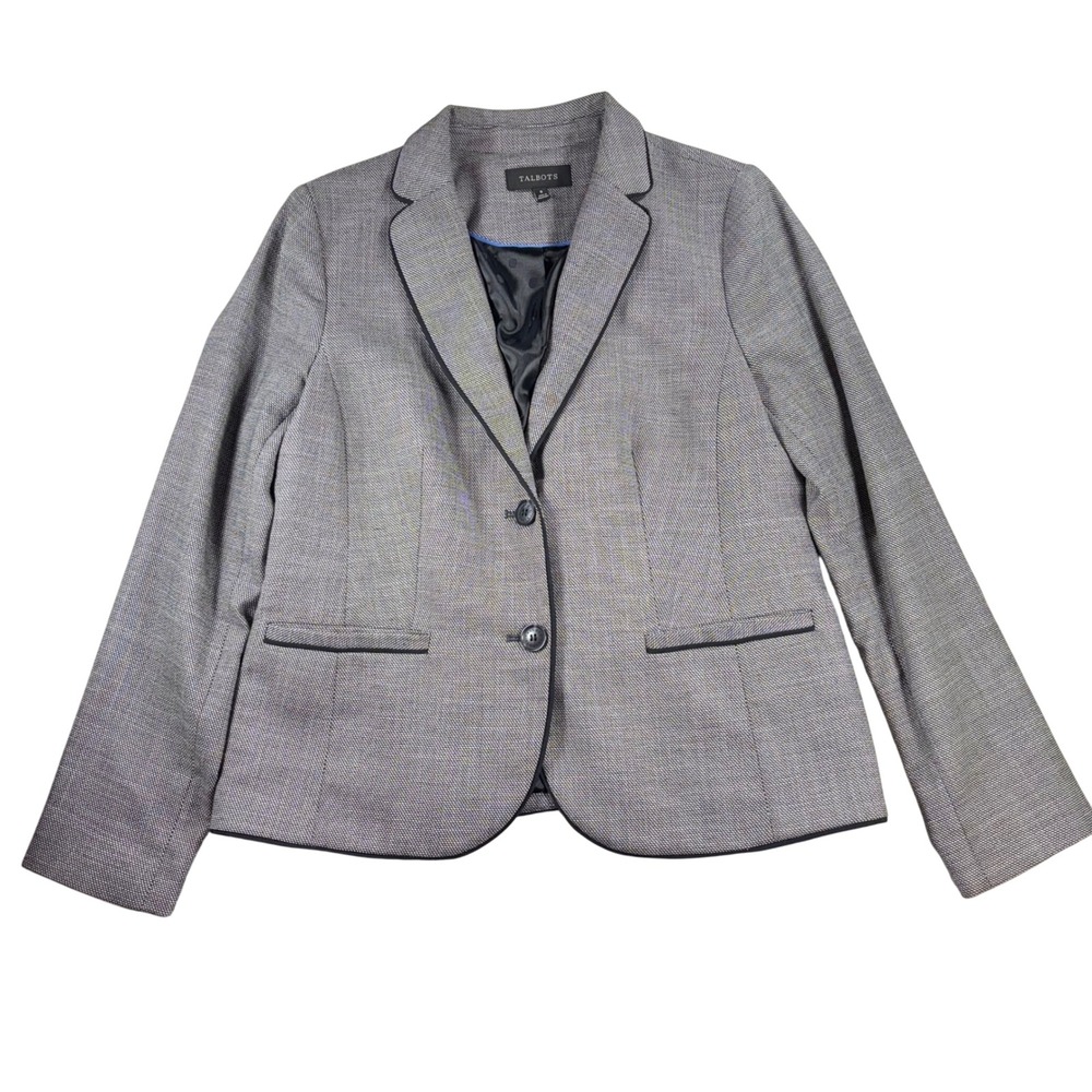Talbots Blazer Gray Black Trimmed Houndstooth‎ Career Jacket - Size 8 Classic